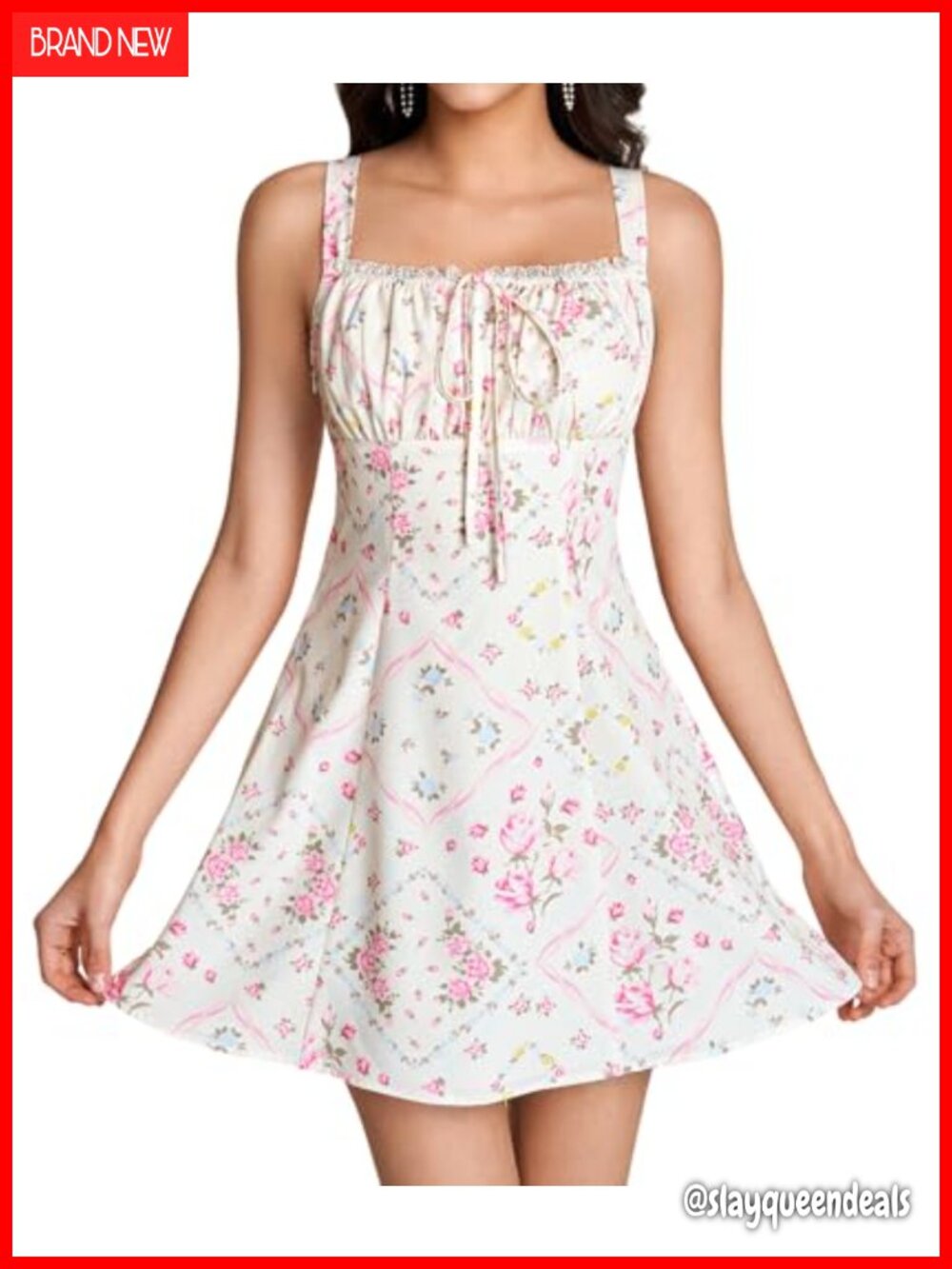 Cute Lace Mini Dress Floral Tie Smocked Short Sundress for Women